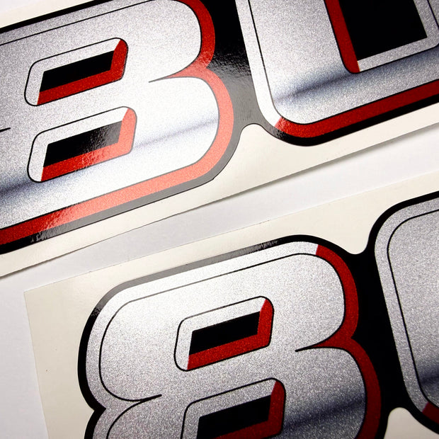 Vinyl graphic silver metalized shimmer decal numbers set suitable for Suzuki 80 hp four stroke outboard engine. Vinyl stickers number for suzuki 80 hp four stroke Handmade