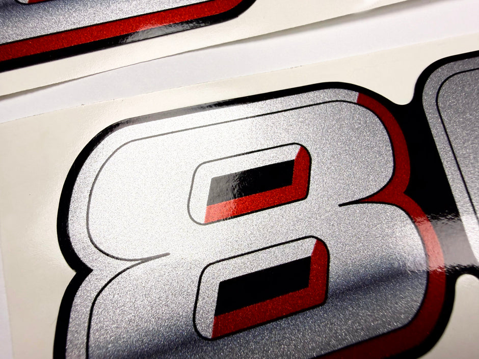 Vinyl graphic silver metalized shimmer decal numbers set suitable for Suzuki 80 hp four stroke outboard engine. Vinyl stickers number for suzuki 80 hp four stroke Handmade