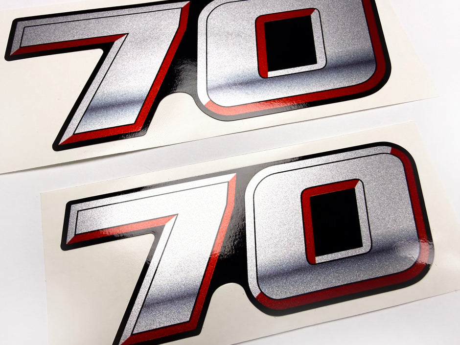 Vinyl graphic silver metalized shimmer decal numbers set suitable for Suzuki 70 hp four stroke outboard engine. Vinyl stickers number for suzuki 70 hp four stroke Handmade