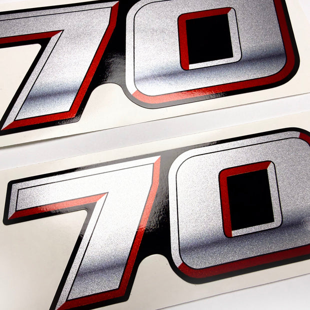 Vinyl graphic silver metalized shimmer decal numbers set suitable for Suzuki 70 hp four stroke outboard engine. Vinyl stickers number for suzuki 70 hp four stroke Handmade