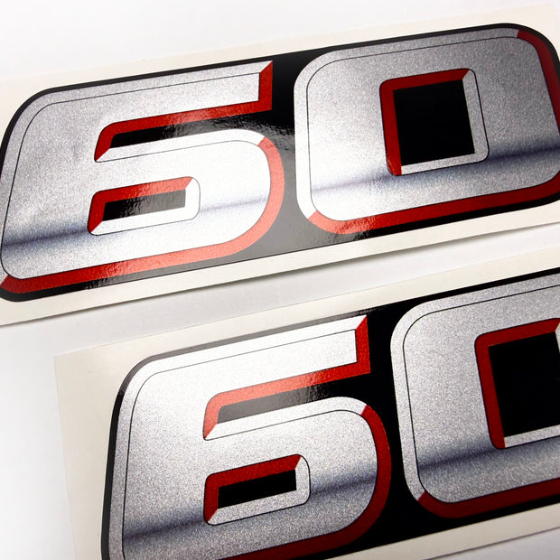 Vinyl graphic silver metalized shimmer decal numbers set suitable for Suzuki 60 hp four stroke outboard engine. Vinyl stickers number for suzuki 60 hp four stroke Handmade