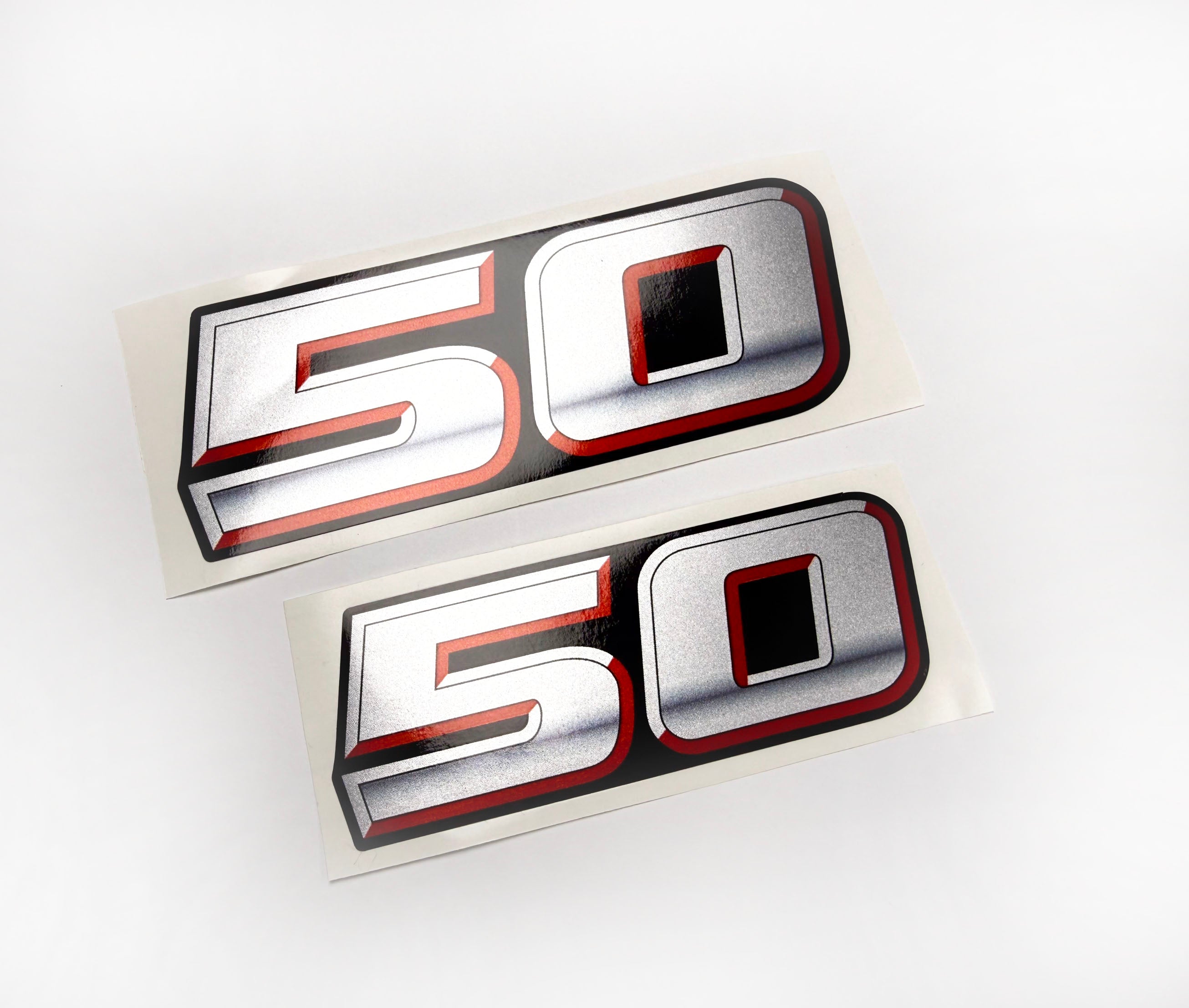 Vinyl graphic silver metalized shimmer decal numbers set suitable for Suzuki 50 hp four stroke outboard engine. Vinyl stickers number for suzuki 50 hp four stroke Handmade
