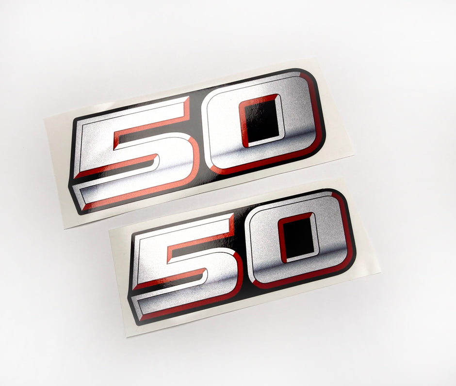 Vinyl graphic silver metalized shimmer decal numbers set suitable for Suzuki 50 hp four stroke outboard engine. Vinyl stickers number for suzuki 50 hp four stroke Handmade