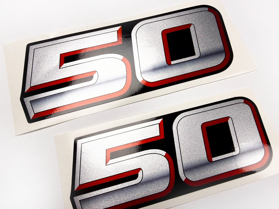 Vinyl graphic silver metalized shimmer decal numbers set suitable for Suzuki 50 hp four stroke outboard engine. Vinyl stickers number for suzuki 50 hp four stroke Handmade