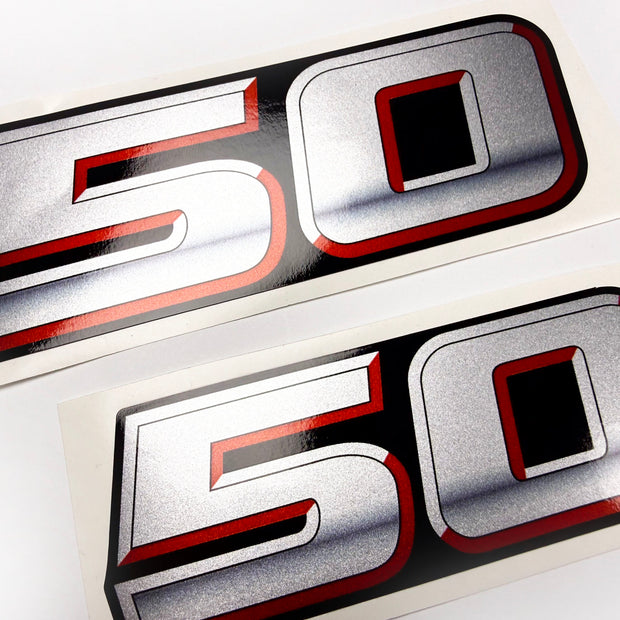 Vinyl graphic silver metalized shimmer decal numbers set suitable for Suzuki 50 hp four stroke outboard engine. Vinyl stickers number for suzuki 50 hp four stroke Handmade