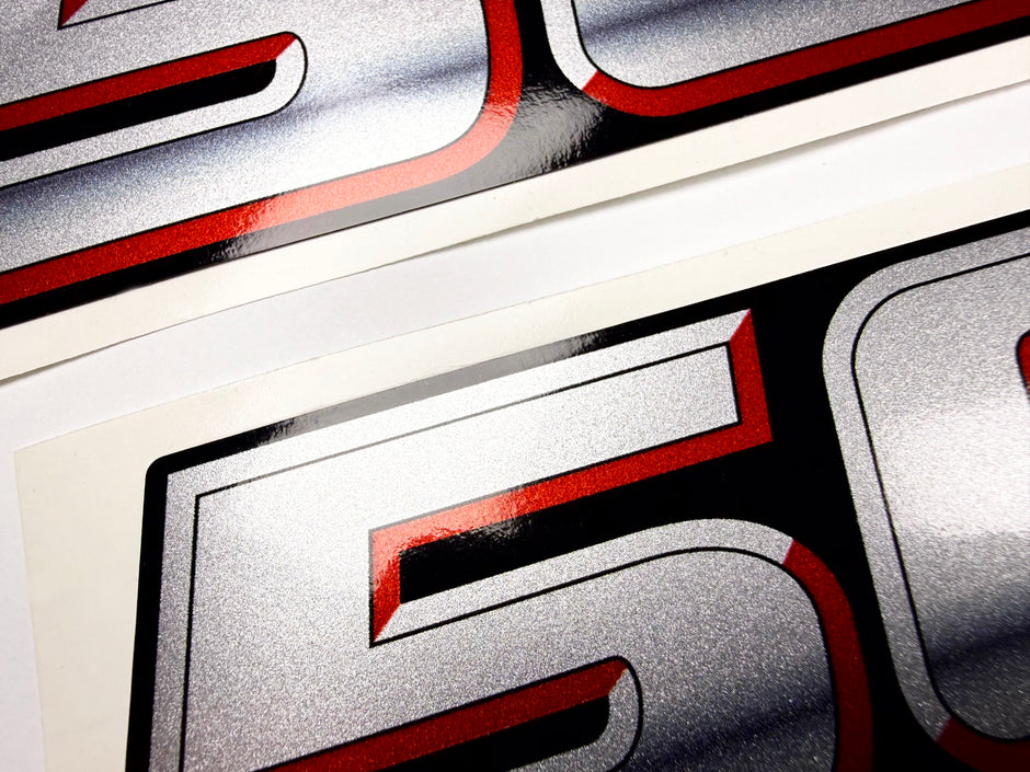 Vinyl graphic silver metalized shimmer decal numbers set suitable for Suzuki 50 hp four stroke outboard engine. Vinyl stickers number for suzuki 50 hp four stroke Handmade