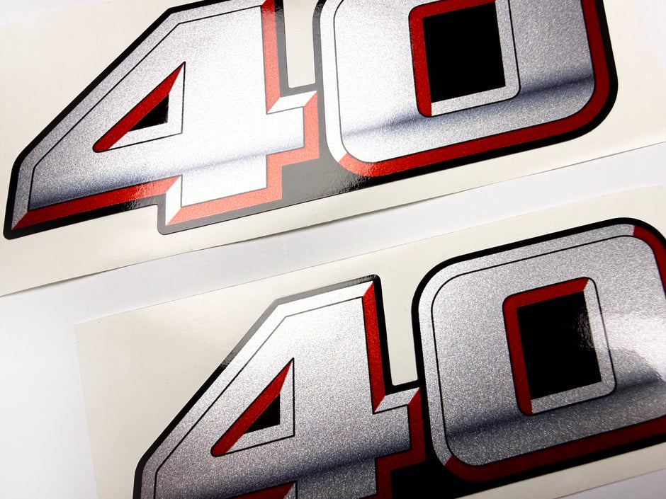 Vinyl graphic silver metalized shimmer decal numbers set suitable for Suzuki 40 hp four stroke outboard engine. Vinyl stickers number for suzuki 40 hp four stroke Handmade
