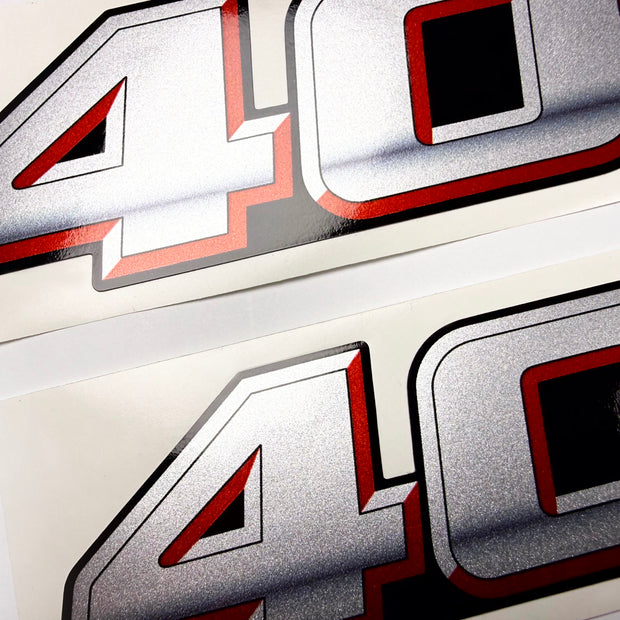 Vinyl graphic silver metalized shimmer decal numbers set suitable for Suzuki 40 hp four stroke outboard engine. Vinyl stickers number for suzuki 40 hp four stroke Handmade