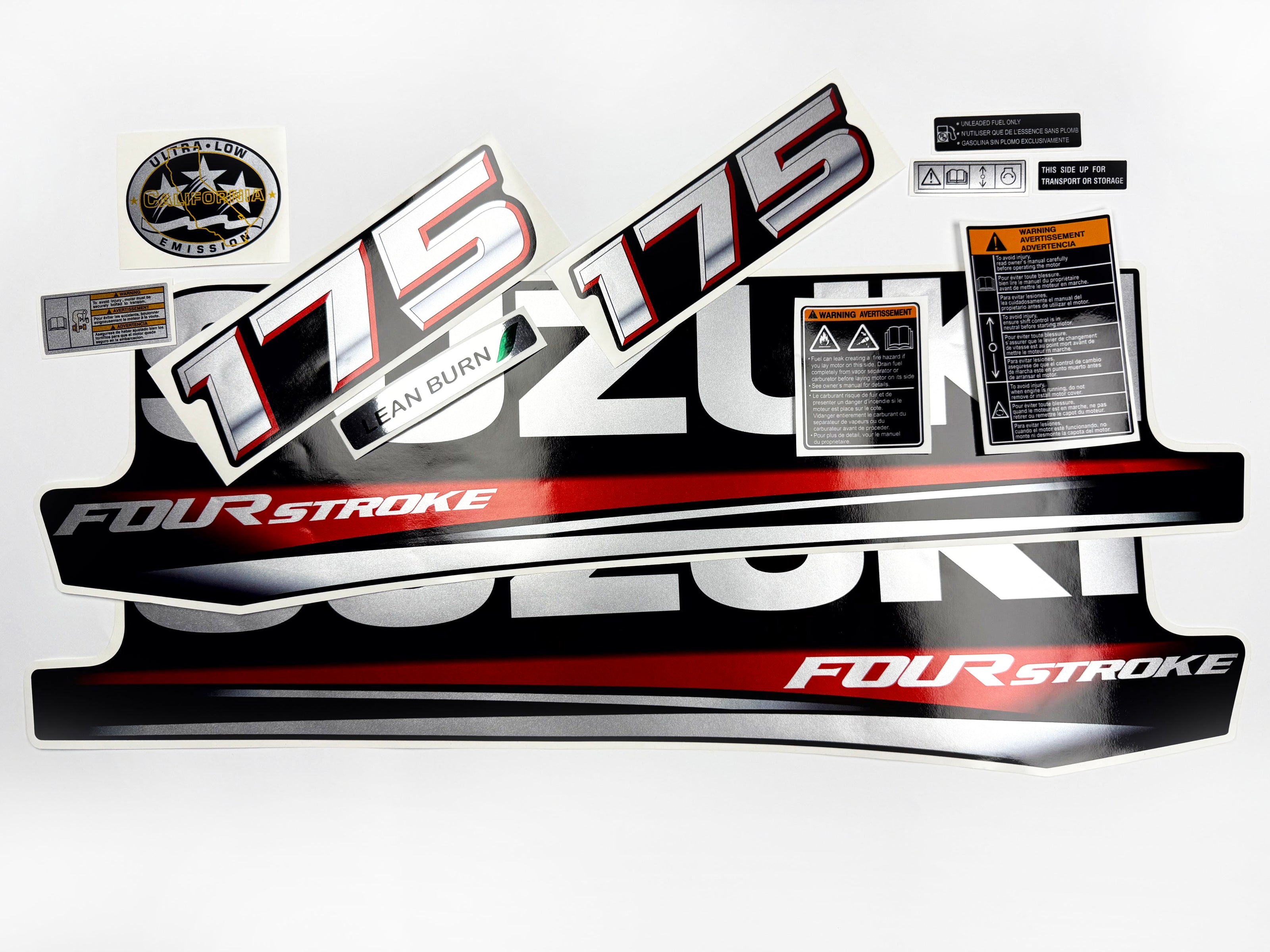 Vinyl graphic silver metalized shimmer decals set suitable for Suzuki 175 hp four stroke outboard engine. Vinyl stickers kit for suzuki 175 hp four stroke Handmade