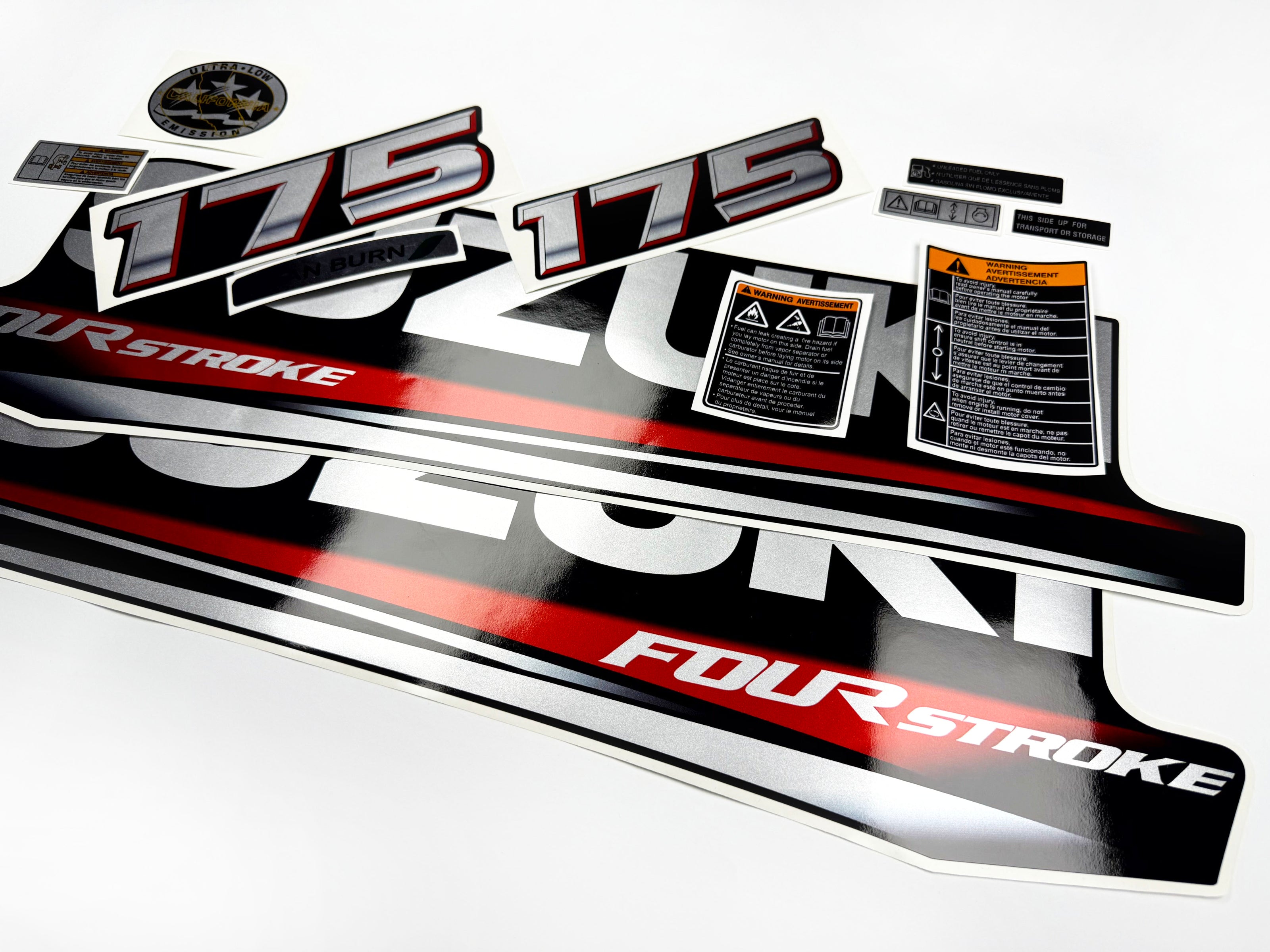 Vinyl graphic silver metalized shimmer decals set suitable for Suzuki 175 hp four stroke outboard engine. Vinyl stickers kit for suzuki 175 hp four stroke Handmade