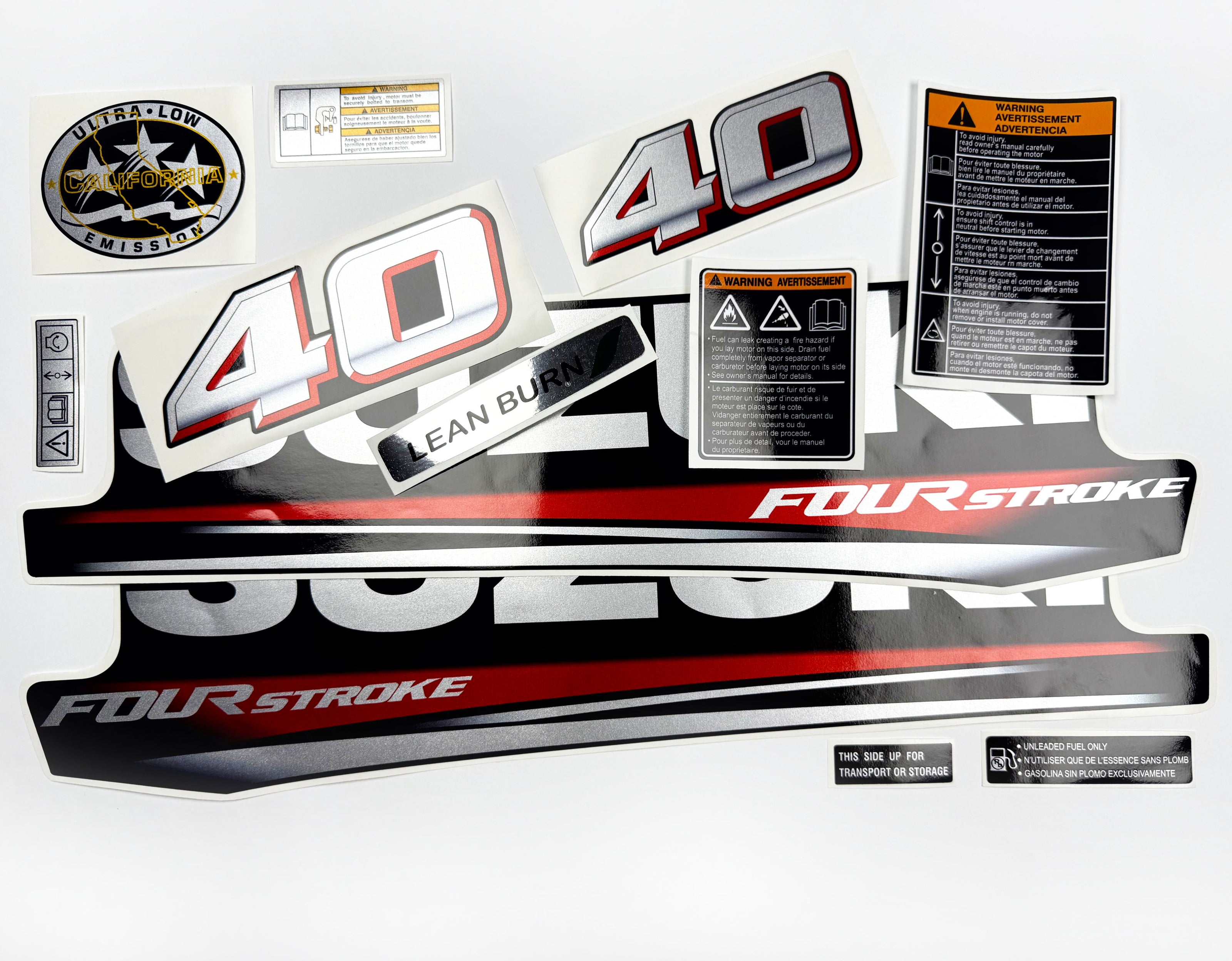 Vinyl graphic silver metalized shimmer decals set suitable for Suzuki 40 hp four stroke outboard engine. Vinyl stickers kit for suzuki 40 hp four stroke Handmade