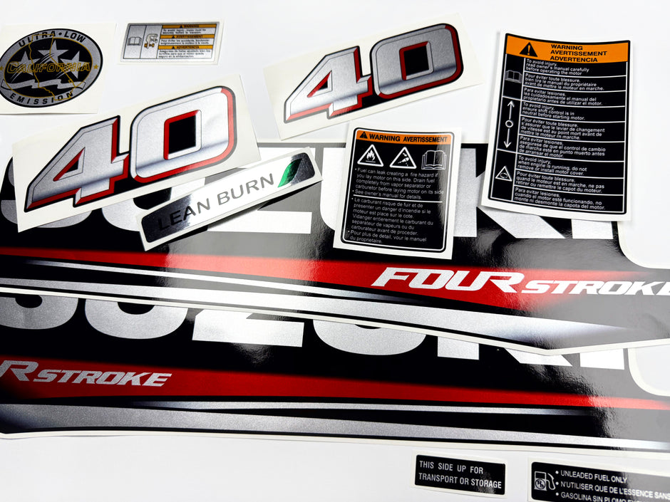 Vinyl graphic silver metalized shimmer decals set suitable for Suzuki 40 hp four stroke outboard engine. Vinyl stickers kit for suzuki 40 hp four stroke Handmade