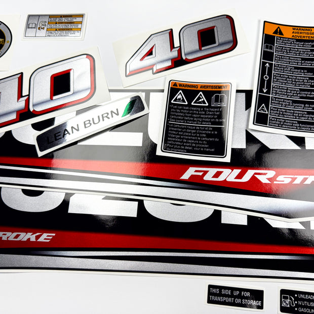 Vinyl graphic silver metalized shimmer decals set suitable for Suzuki 40 hp four stroke outboard engine. Vinyl stickers kit for suzuki 40 hp four stroke Handmade