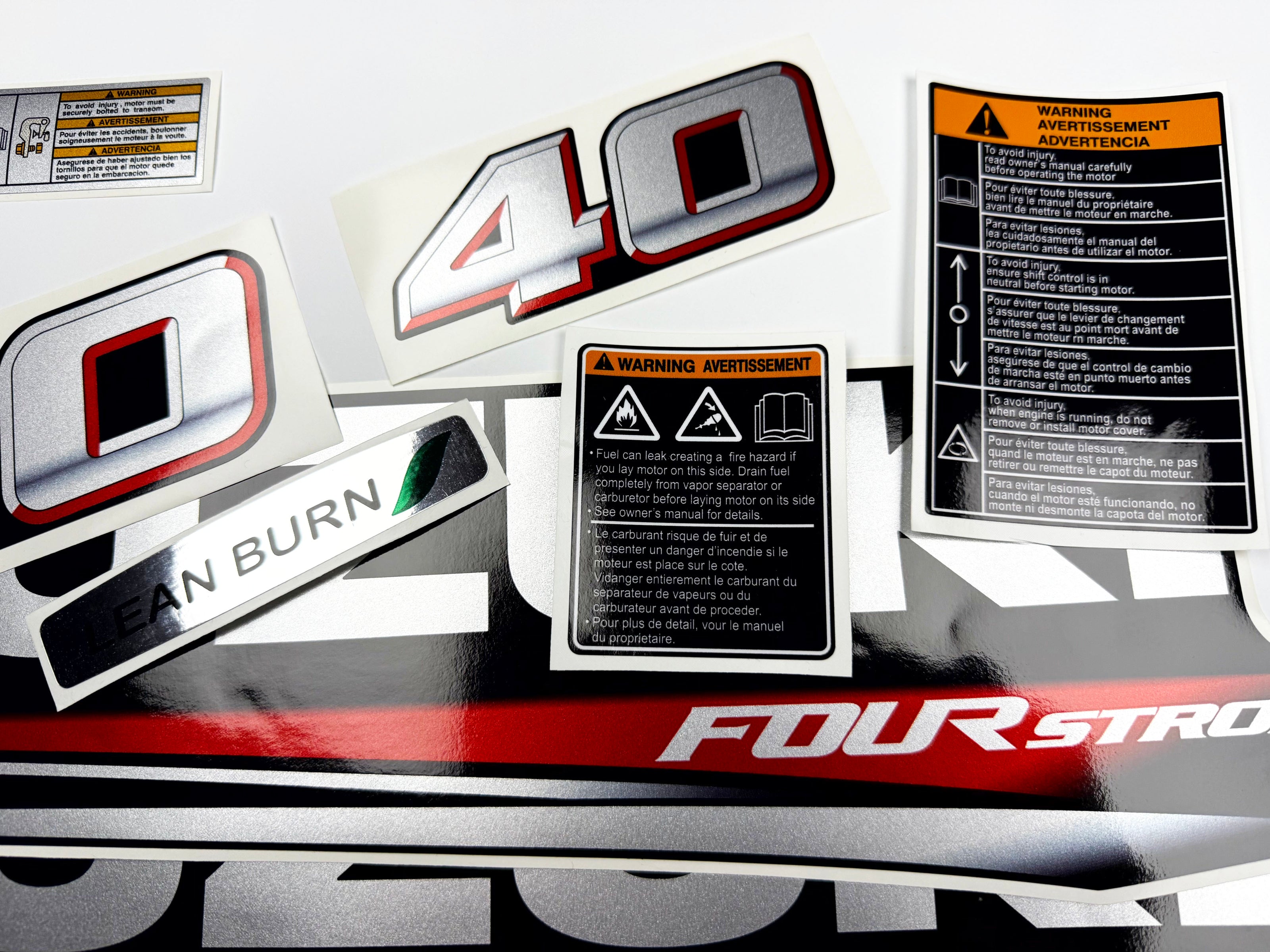 Vinyl graphic silver metalized shimmer decals set suitable for Suzuki 40 hp four stroke outboard engine. Vinyl stickers kit for suzuki 40 hp four stroke Handmade
