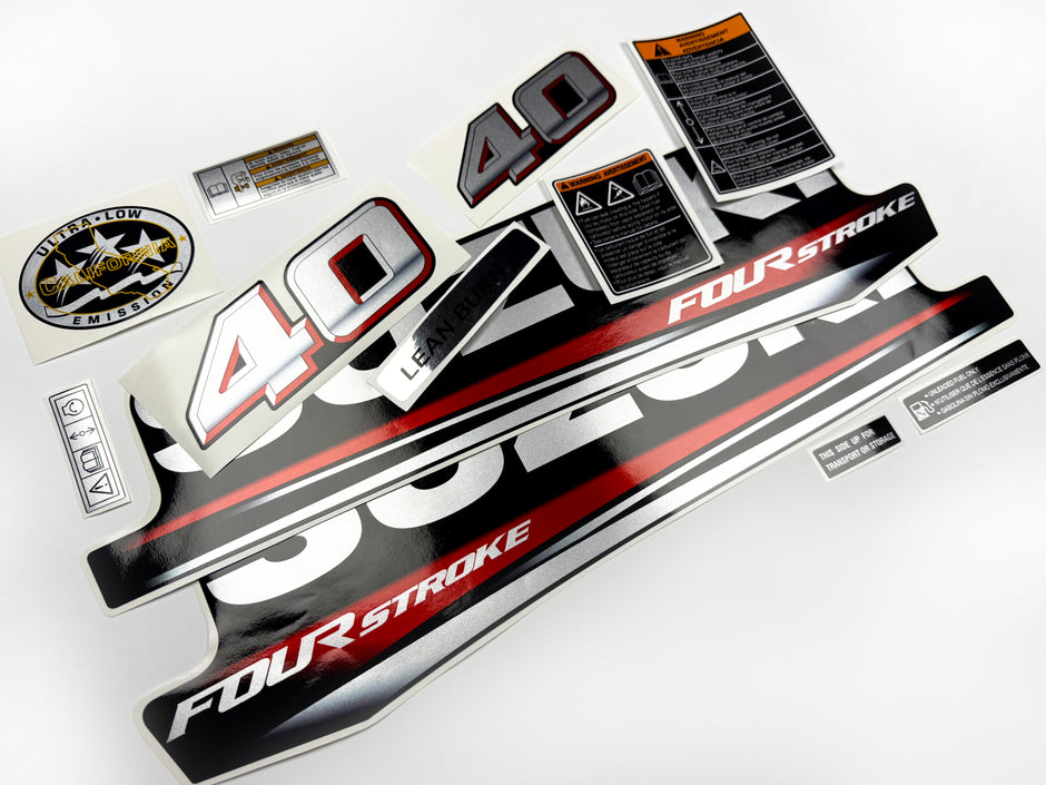 Vinyl graphic silver metalized shimmer decals set suitable for Suzuki 40 hp four stroke outboard engine. Vinyl stickers kit for suzuki 40 hp four stroke Handmade