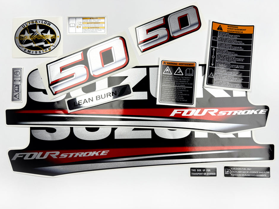Vinyl graphic silver metalized shimmer decals set suitable for Suzuki 50 hp four stroke outboard engine. Vinyl stickers kit for suzuki 50 hp four stroke Handmade