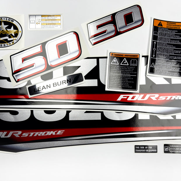 Vinyl graphic silver metalized shimmer decals set suitable for Suzuki 50 hp four stroke outboard engine. Vinyl stickers kit for suzuki 50 hp four stroke Handmade