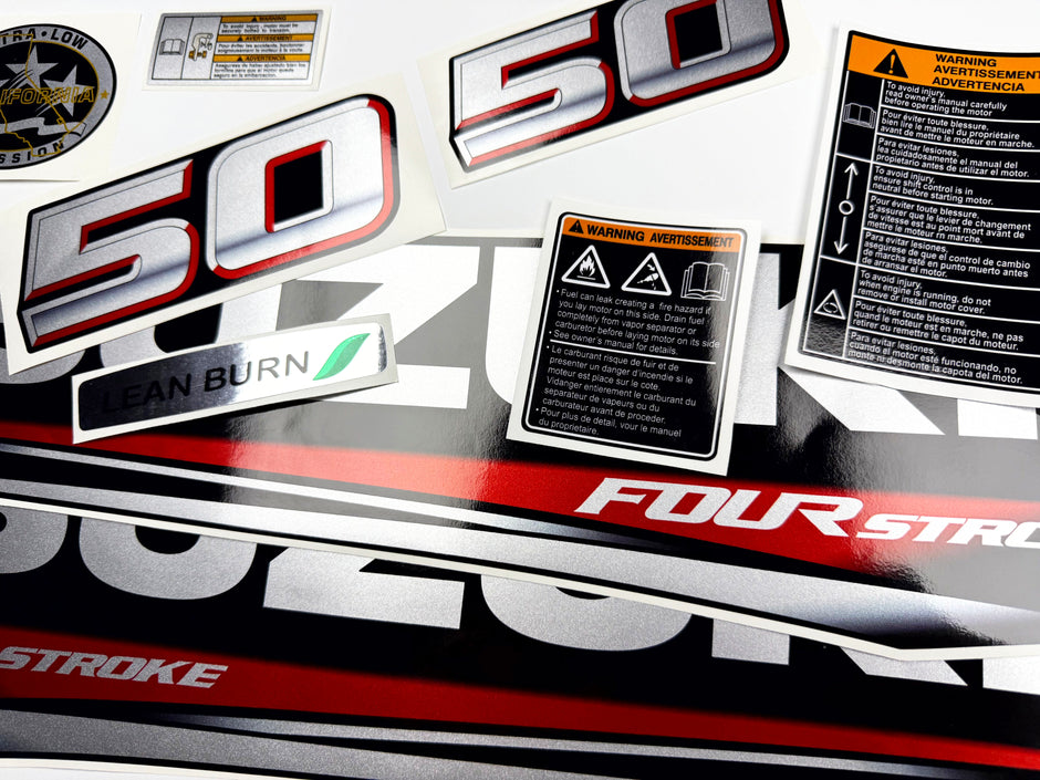 Vinyl graphic silver metalized shimmer decals set suitable for Suzuki 50 hp four stroke outboard engine. Vinyl stickers kit for suzuki 50 hp four stroke Handmade