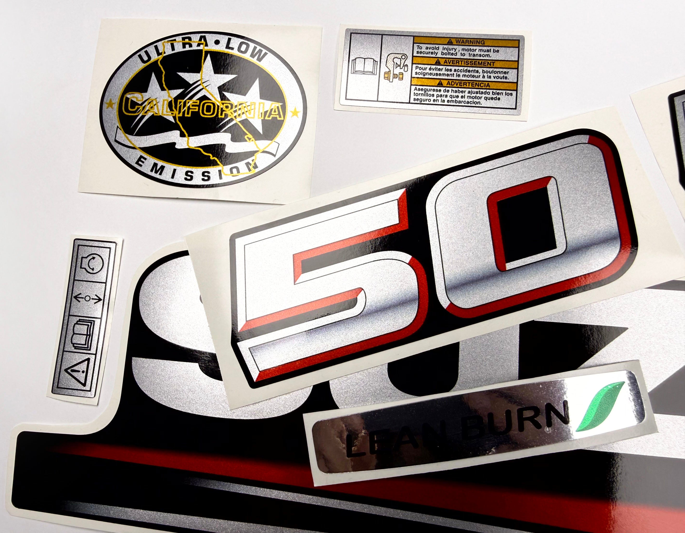 Vinyl graphic silver metalized shimmer decals set suitable for Suzuki 50 hp four stroke outboard engine. Vinyl stickers kit for suzuki 50 hp four stroke Handmade