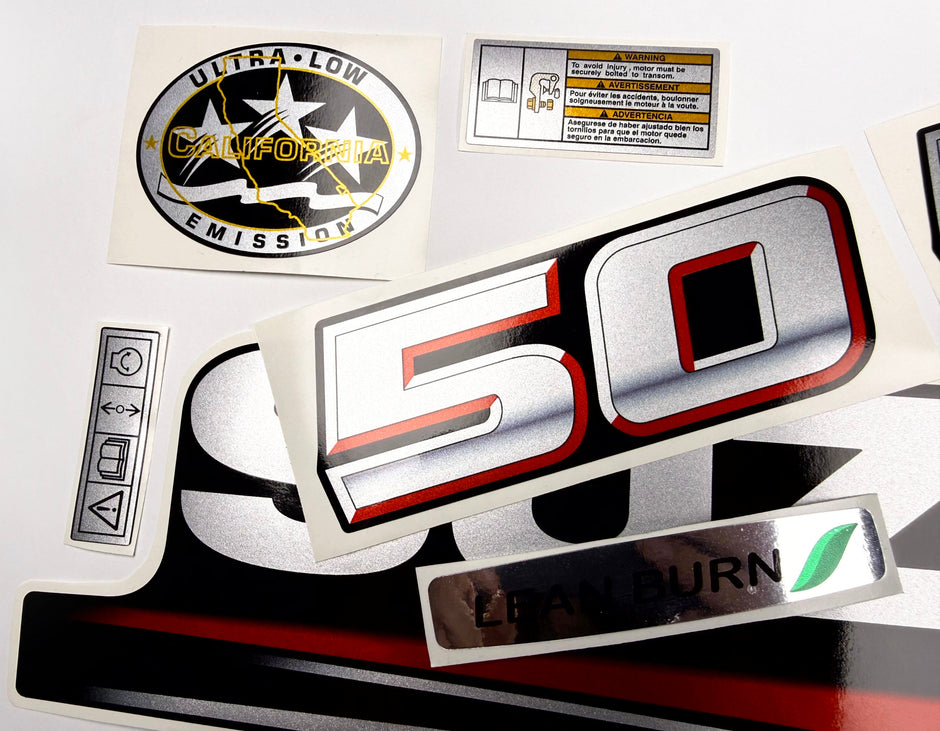 Vinyl graphic silver metalized shimmer decals set suitable for Suzuki 50 hp four stroke outboard engine. Vinyl stickers kit for suzuki 50 hp four stroke Handmade