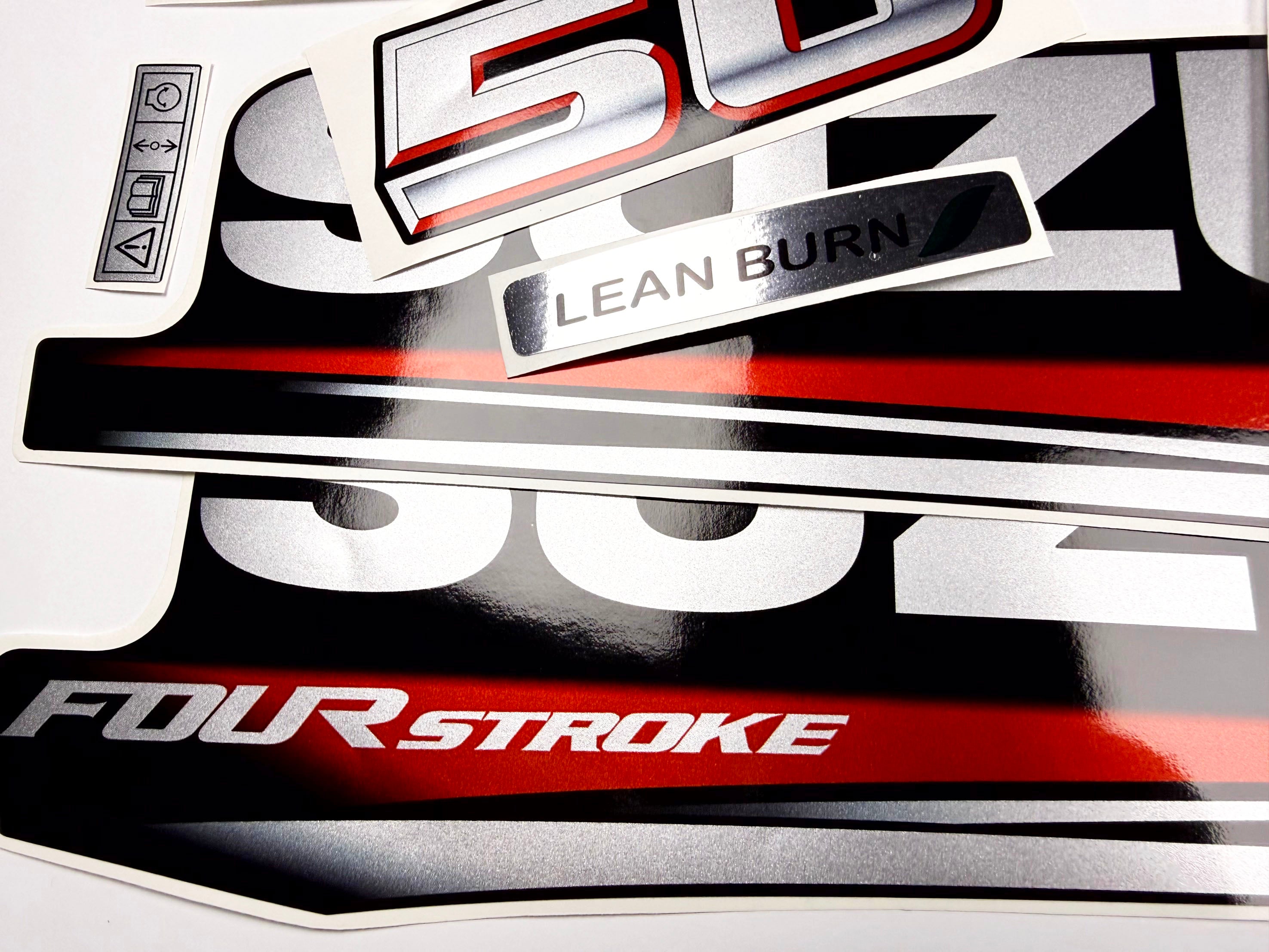 Vinyl graphic silver metalized shimmer decals set suitable for Suzuki 50 hp four stroke outboard engine. Vinyl stickers kit for suzuki 50 hp four stroke Handmade