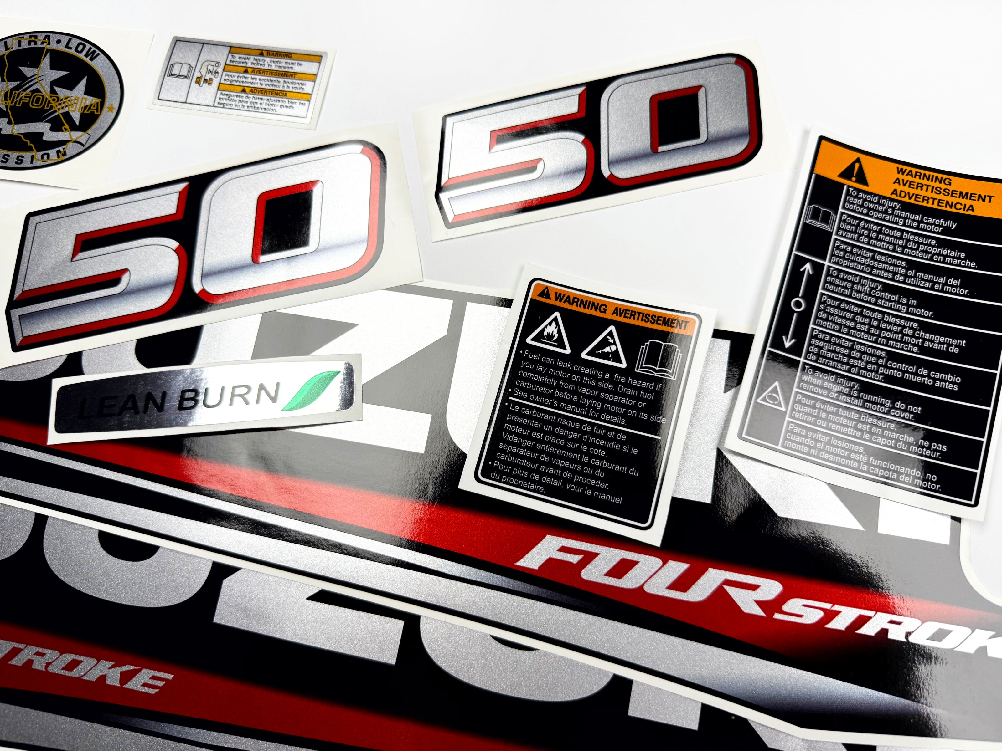 Vinyl graphic silver metalized shimmer decals set suitable for Suzuki 50 hp four stroke outboard engine. Vinyl stickers kit for suzuki 50 hp four stroke Handmade