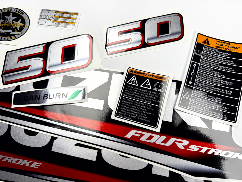 Vinyl graphic silver metalized shimmer decals set suitable for Suzuki 50 hp four stroke outboard engine. Vinyl stickers kit for suzuki 50 hp four stroke Handmade