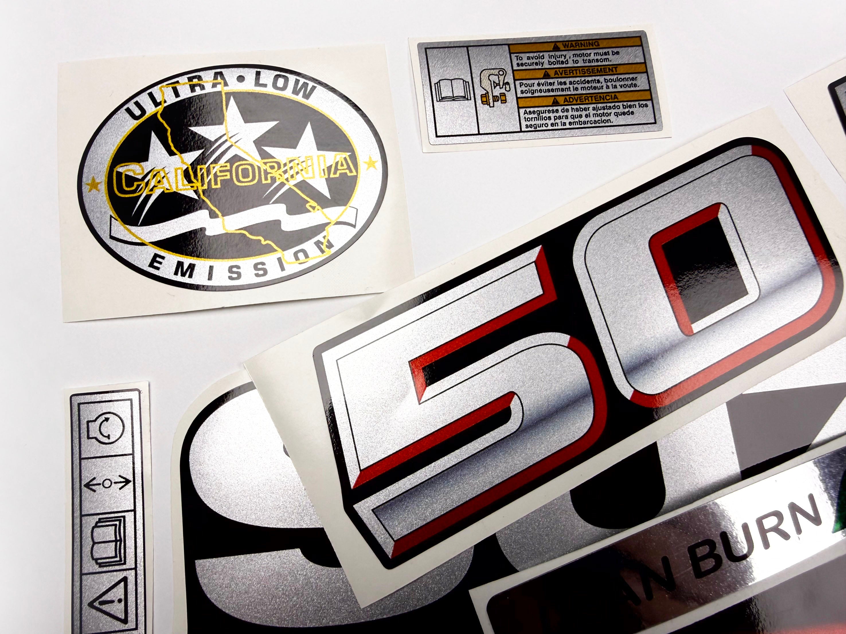 Vinyl graphic silver metalized shimmer decals set suitable for Suzuki 50 hp four stroke outboard engine. Vinyl stickers kit for suzuki 50 hp four stroke Handmade