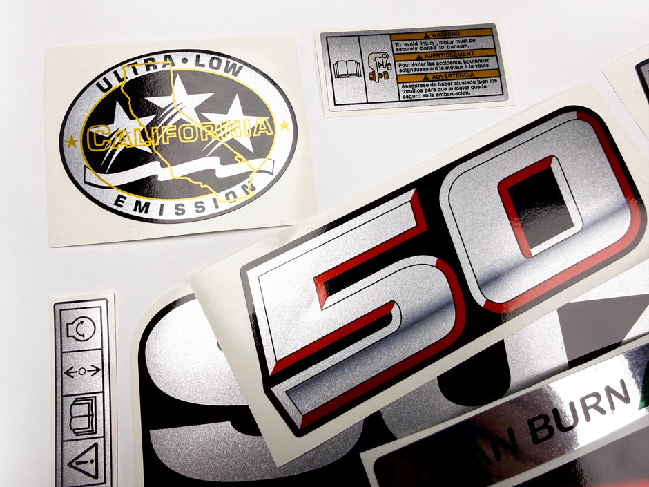 Vinyl graphic silver metalized shimmer decals set suitable for Suzuki 50 hp four stroke outboard engine. Vinyl stickers kit for suzuki 50 hp four stroke Handmade