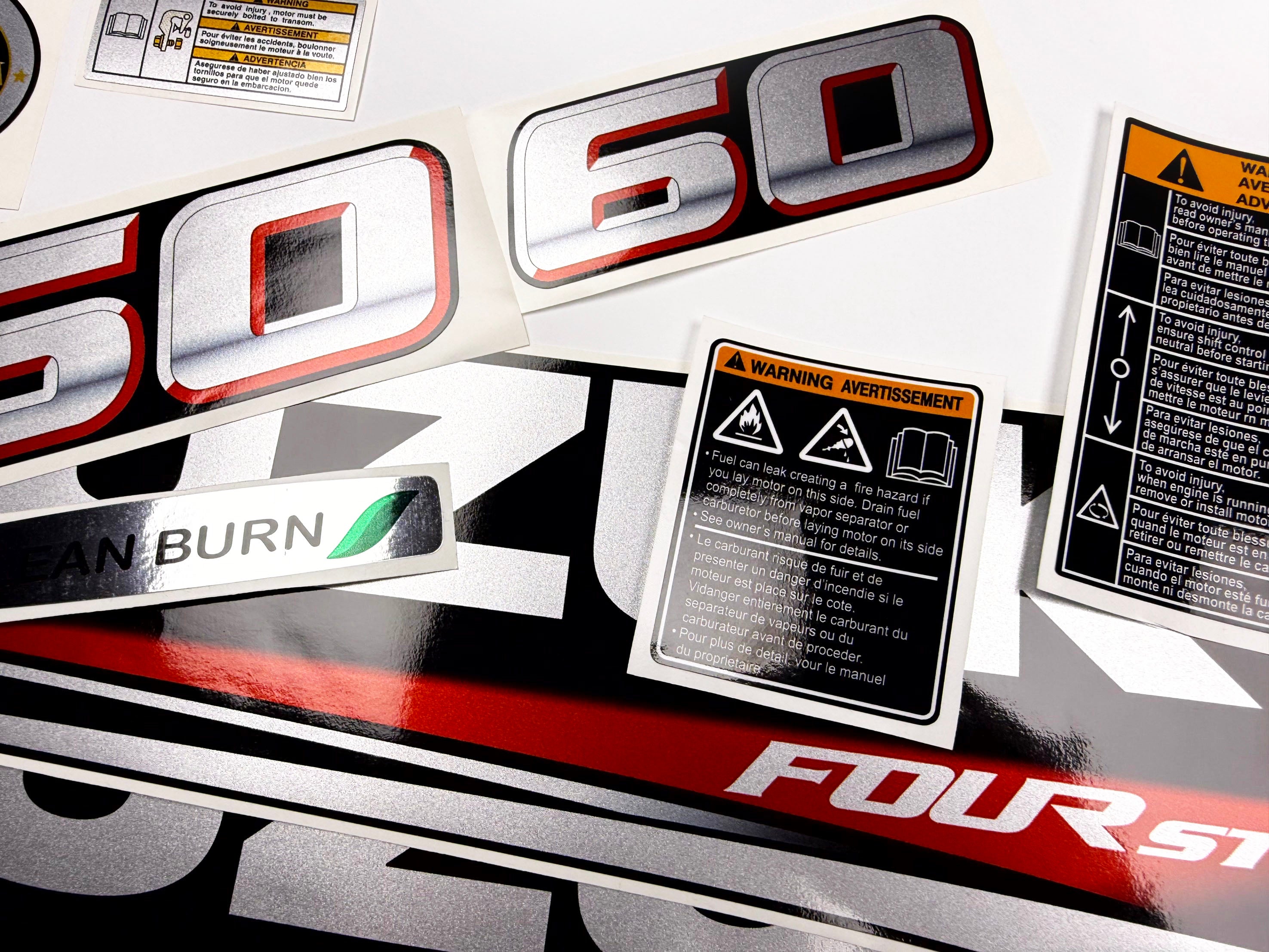 Vinyl graphic silver metalized shimmer decals set suitable for Suzuki 60 hp four stroke outboard engine. Vinyl stickers kit for suzuki 60 hp four stroke Handmade