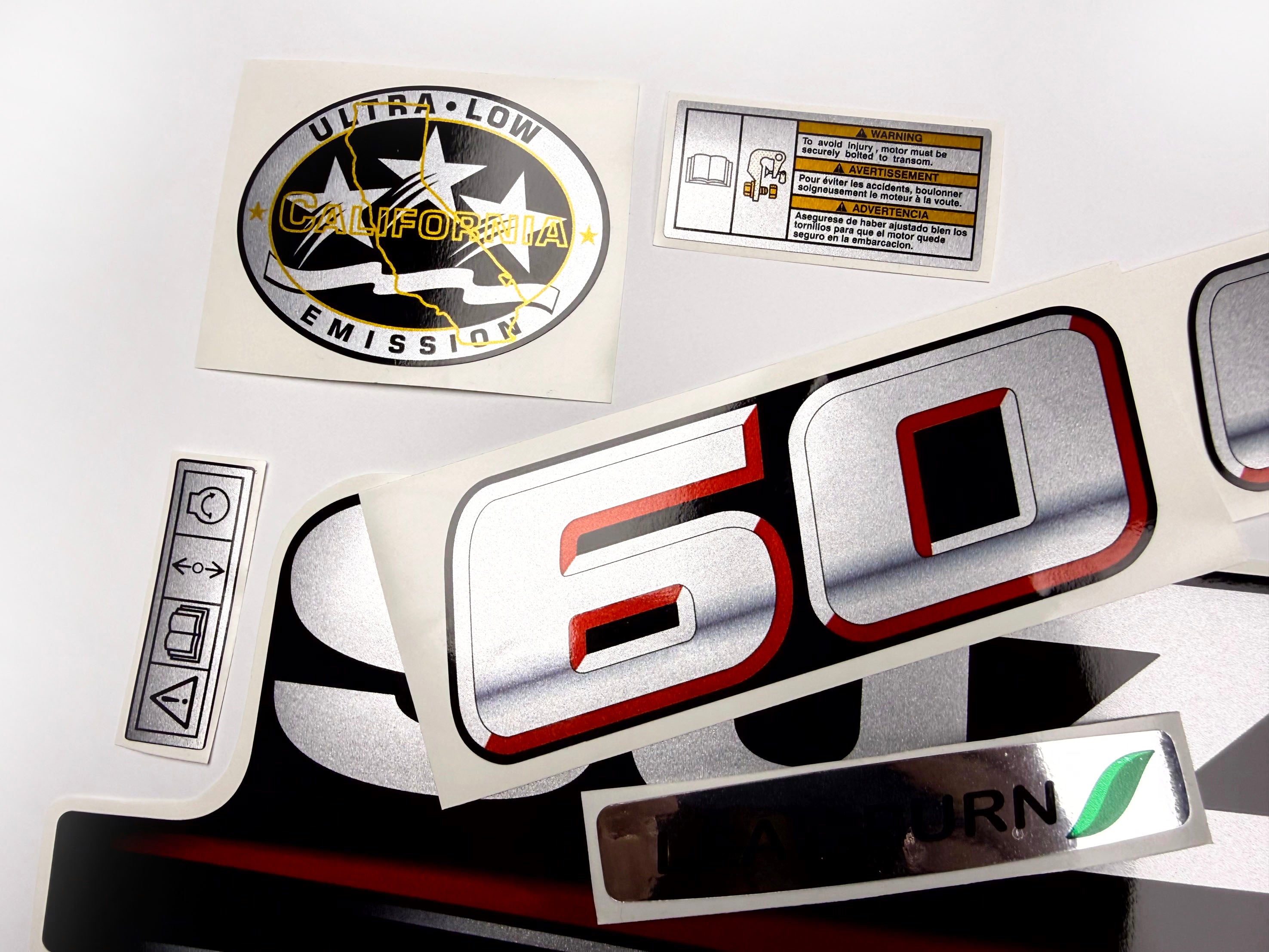 Vinyl graphic silver metalized shimmer decals set suitable for Suzuki 60 hp four stroke outboard engine. Vinyl stickers kit for suzuki 60 hp four stroke Handmade