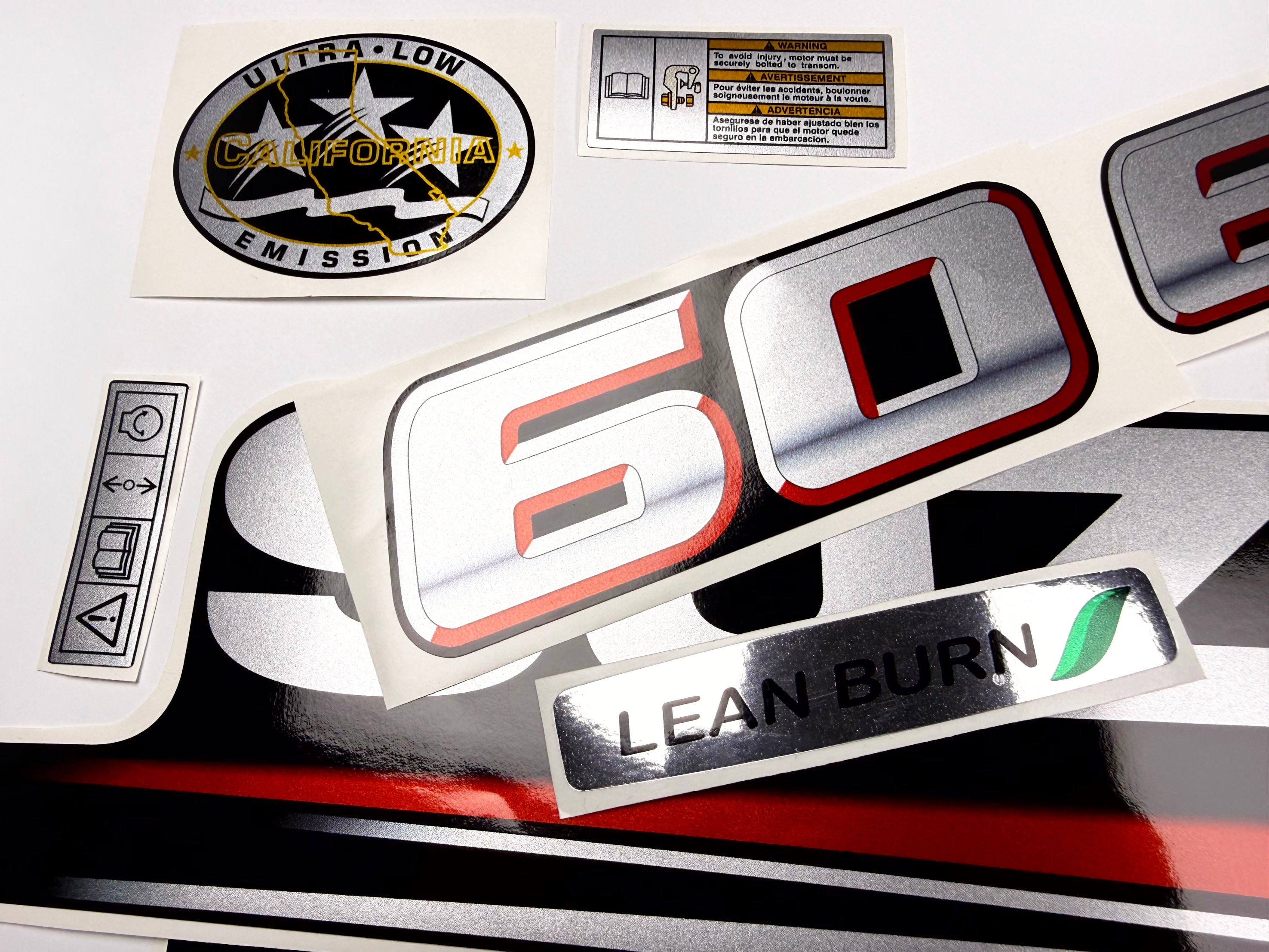 Vinyl graphic silver metalized shimmer decals set suitable for Suzuki 60 hp four stroke outboard engine. Vinyl stickers kit for suzuki 60 hp four stroke Handmade