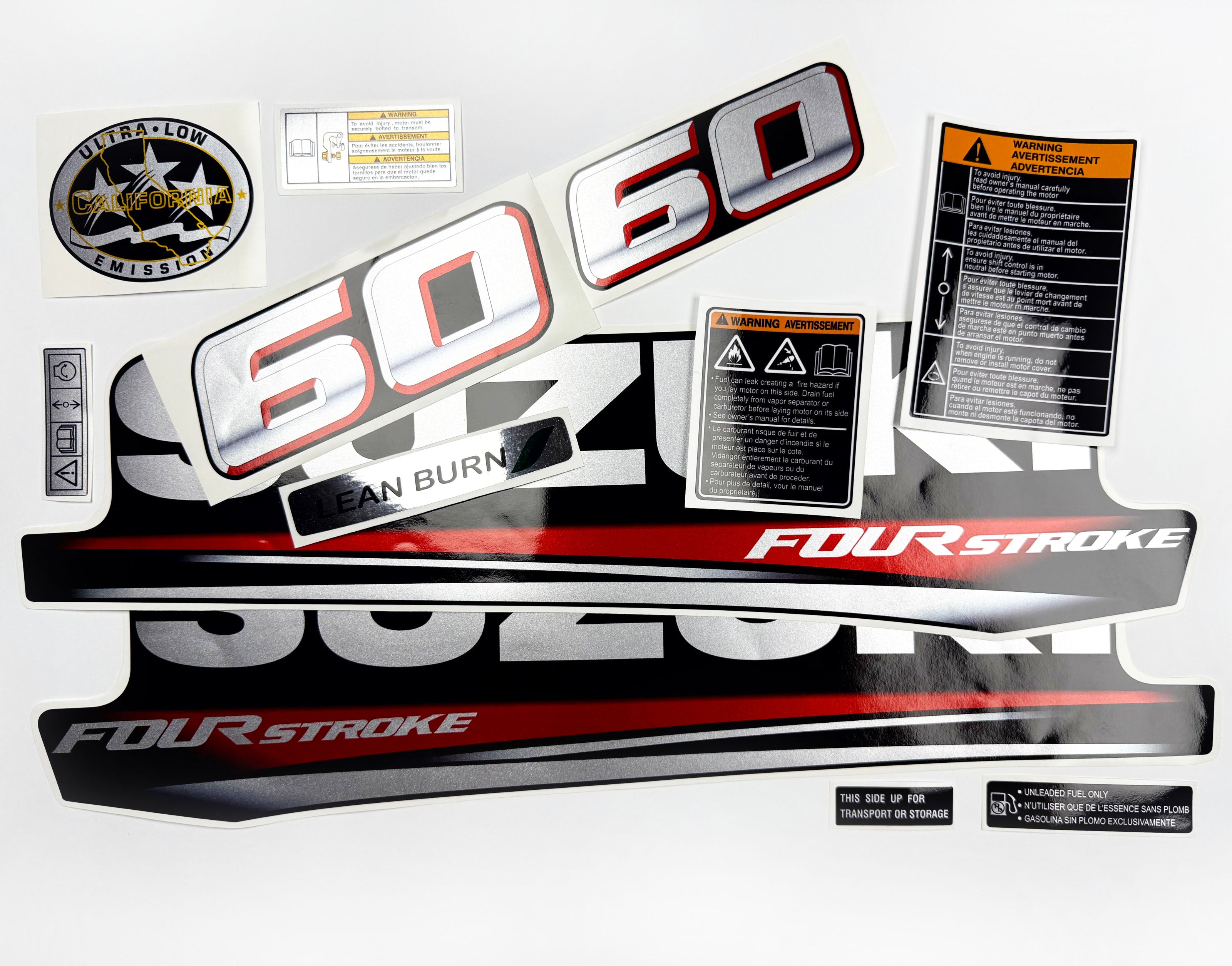 Vinyl graphic silver metalized shimmer decals set suitable for Suzuki 60 hp four stroke outboard engine. Vinyl stickers kit for suzuki 60 hp four stroke Handmade