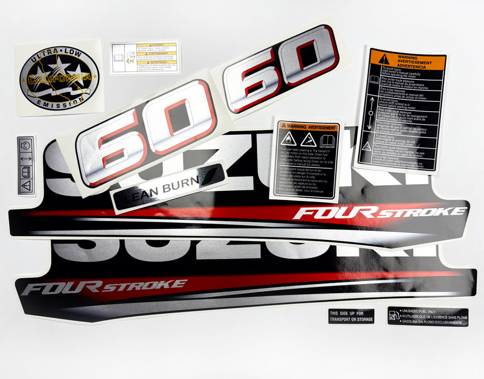 Vinyl graphic silver metalized shimmer decals set suitable for Suzuki 60 hp four stroke outboard engine. Vinyl stickers kit for suzuki 60 hp four stroke Handmade