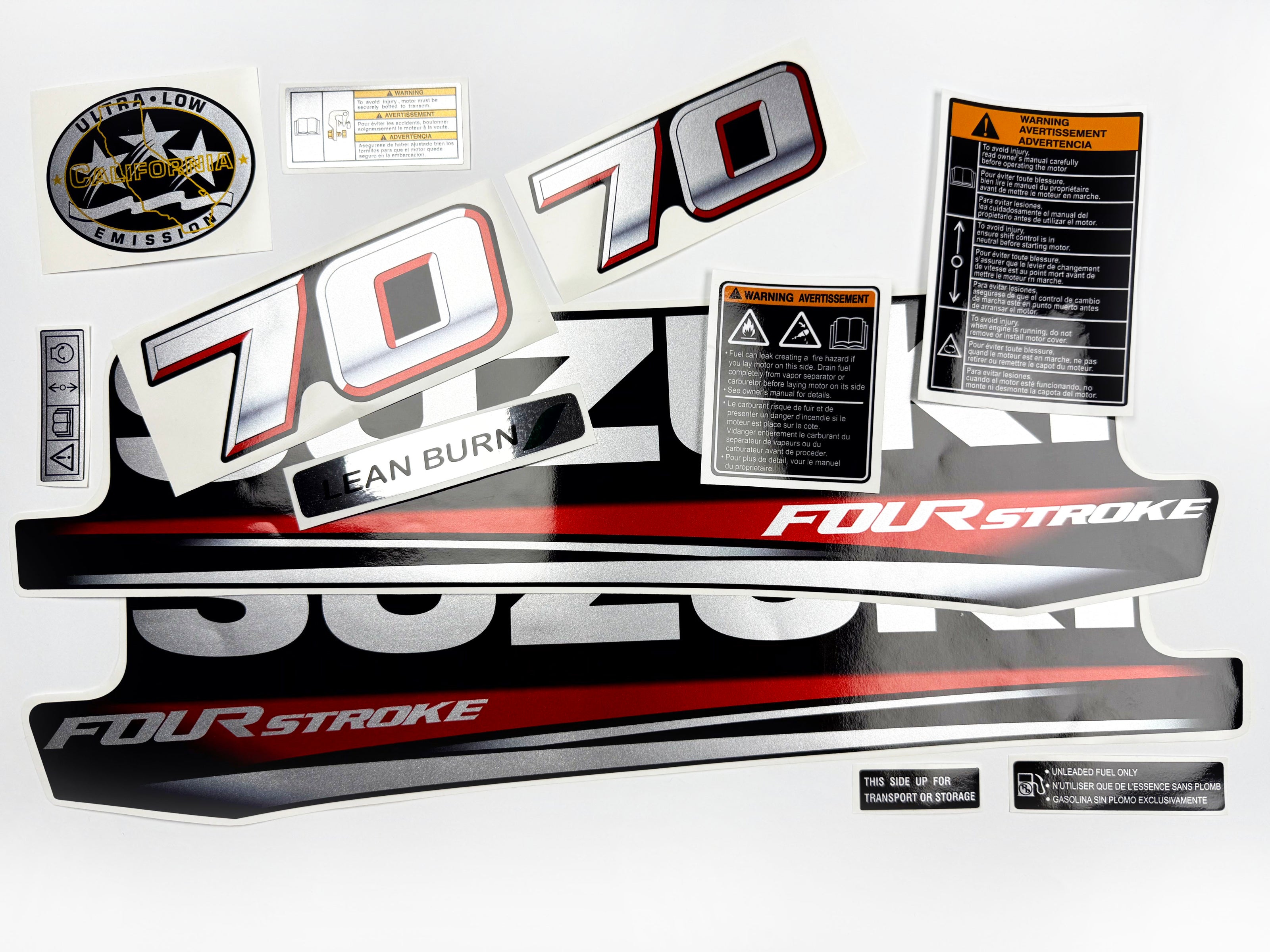 Vinyl graphic silver metalized shimmer decals set suitable for Suzuki 70 hp four stroke outboard engine. Vinyl stickers kit for suzuki 70 hp four stroke Handmade