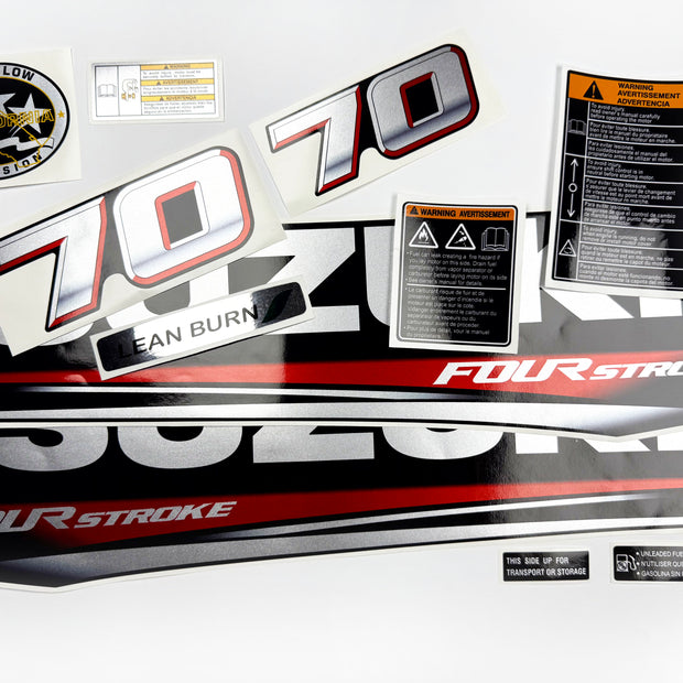 Vinyl graphic silver metalized shimmer decals set suitable for Suzuki 70 hp four stroke outboard engine. Vinyl stickers kit for suzuki 70 hp four stroke Handmade