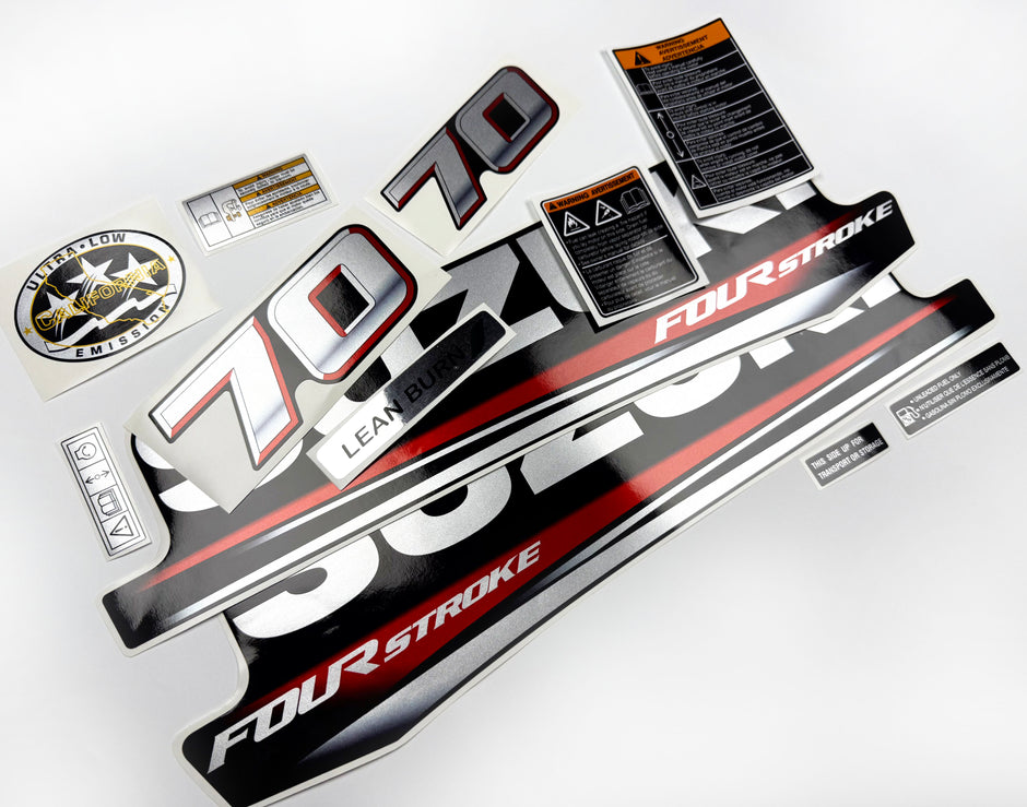 Vinyl graphic silver metalized shimmer decals set suitable for Suzuki 70 hp four stroke outboard engine. Vinyl stickers kit for suzuki 70 hp four stroke Handmade