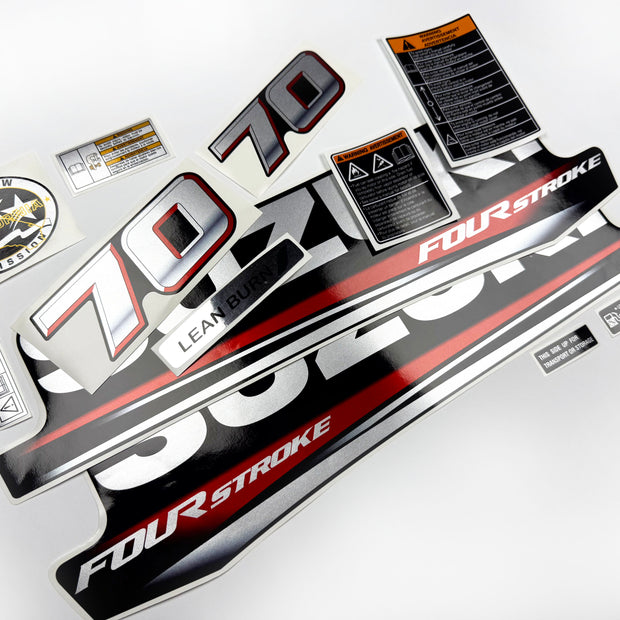Vinyl graphic silver metalized shimmer decals set suitable for Suzuki 70 hp four stroke outboard engine. Vinyl stickers kit for suzuki 70 hp four stroke Handmade