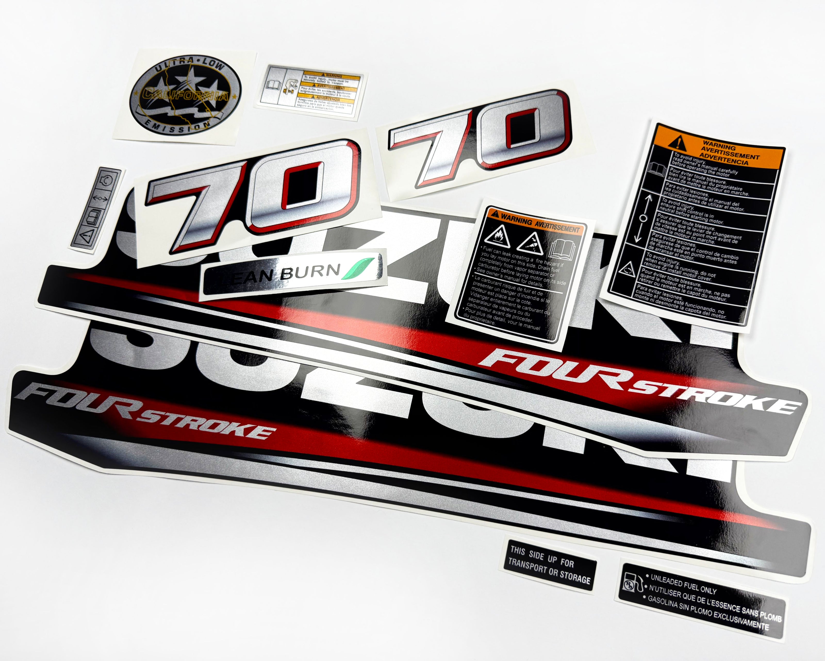 Vinyl graphic silver metalized shimmer decals set suitable for Suzuki 70 hp four stroke outboard engine. Vinyl stickers kit for suzuki 70 hp four stroke Handmade