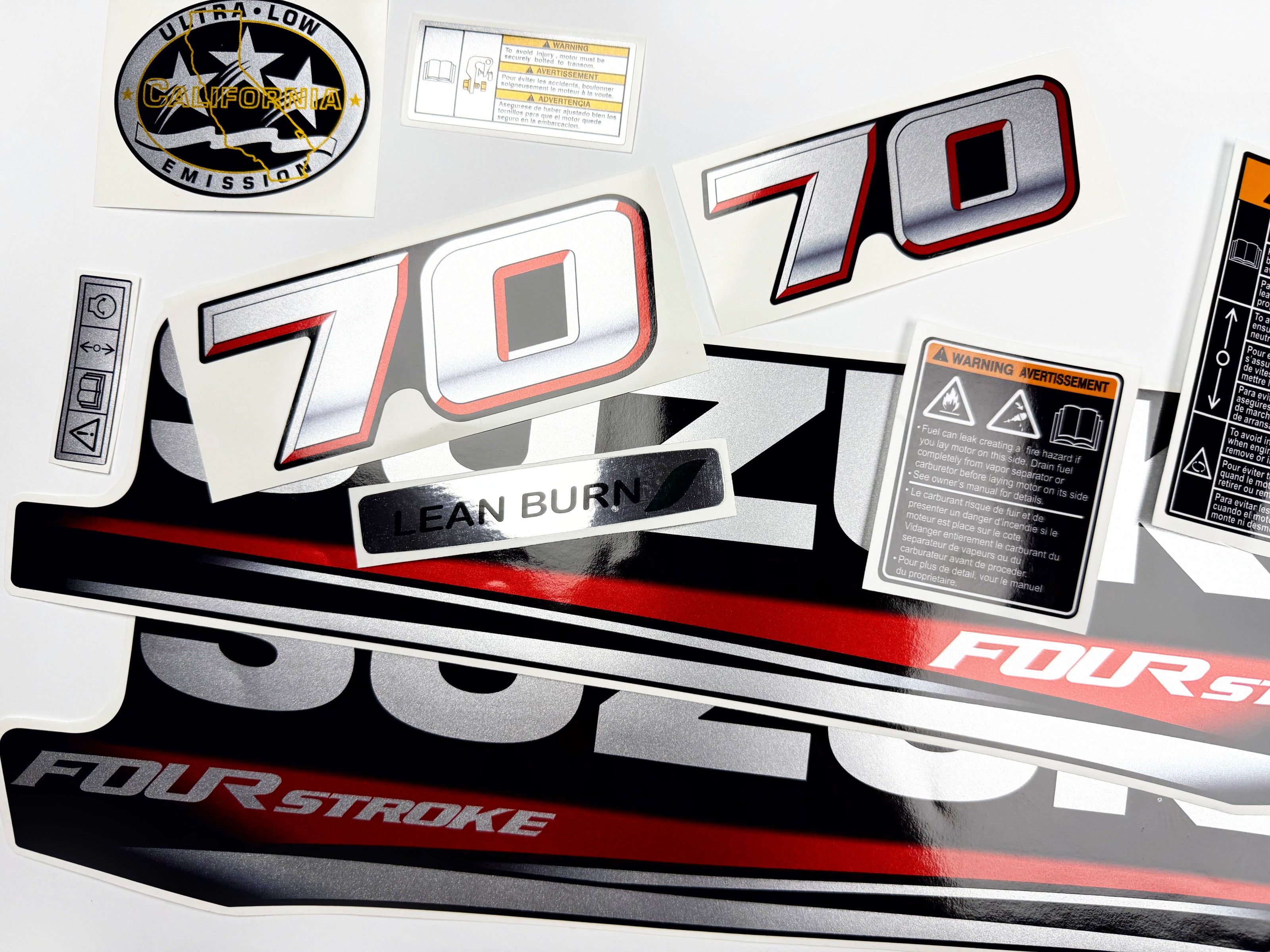 Vinyl graphic silver metalized shimmer decals set suitable for Suzuki 70 hp four stroke outboard engine. Vinyl stickers kit for suzuki 70 hp four stroke Handmade