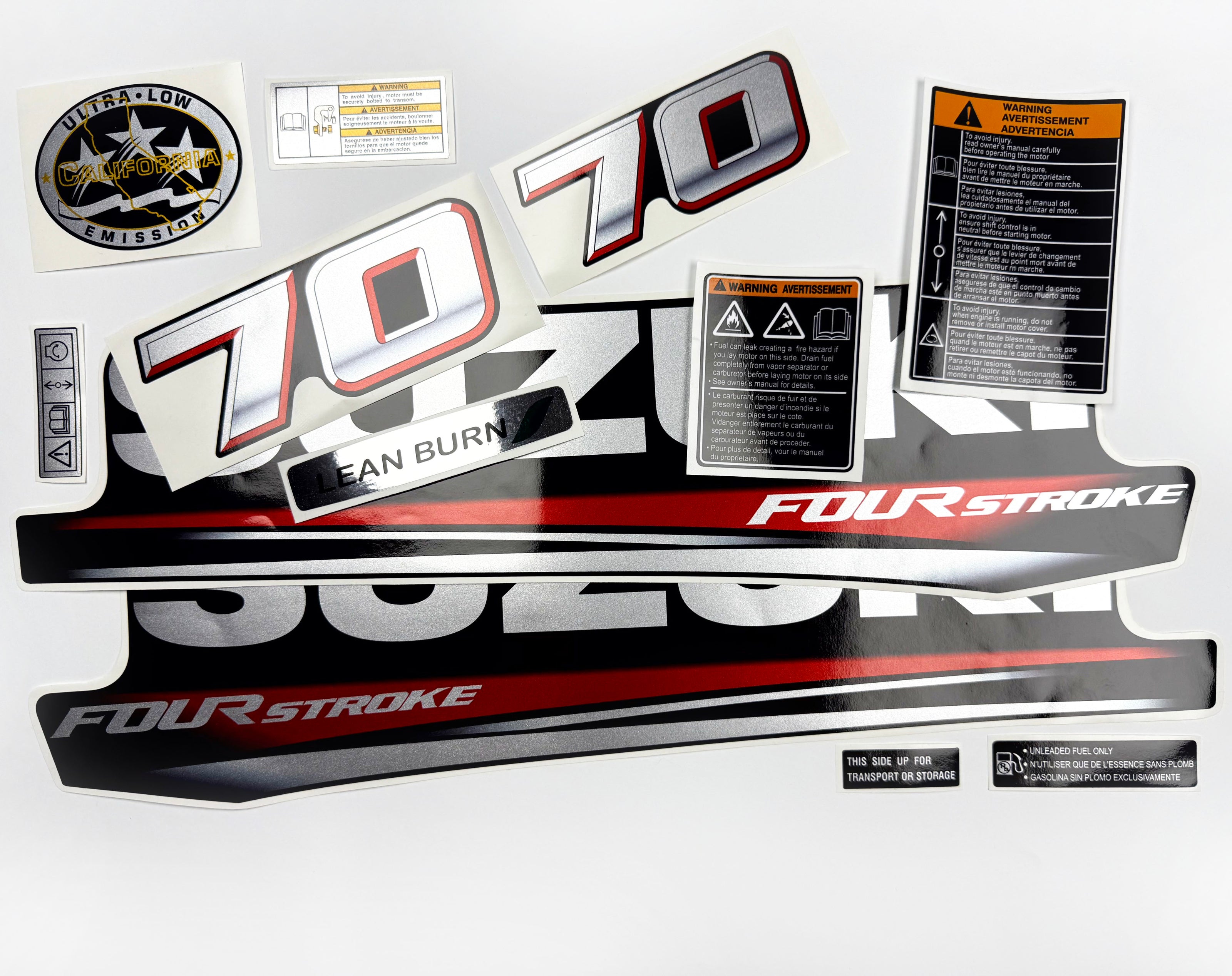Vinyl graphic silver metalized shimmer decals set suitable for Suzuki 70 hp four stroke outboard engine. Vinyl stickers kit for suzuki 70 hp four stroke Handmade