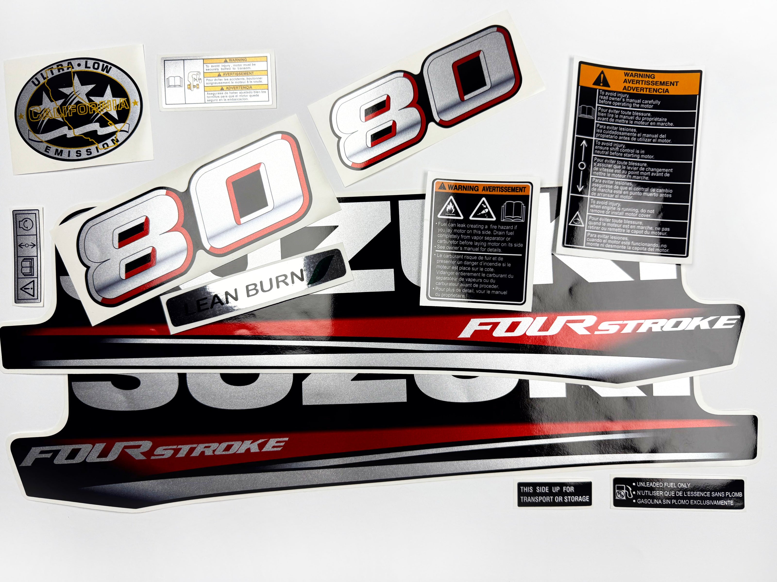 Vinyl graphic silver metalized shimmer decals set suitable for Suzuki 80 hp four stroke outboard engine. Vinyl stickers kit for suzuki 80 hp four stroke Handmade