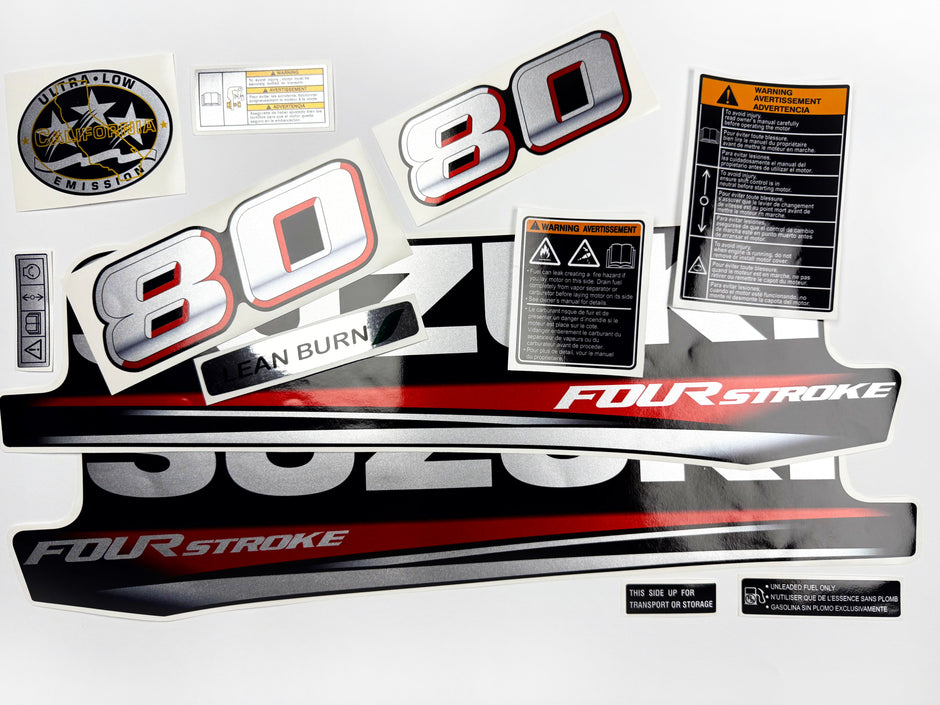 Vinyl graphic silver metalized shimmer decals set suitable for Suzuki 80 hp four stroke outboard engine. Vinyl stickers kit for suzuki 80 hp four stroke Handmade