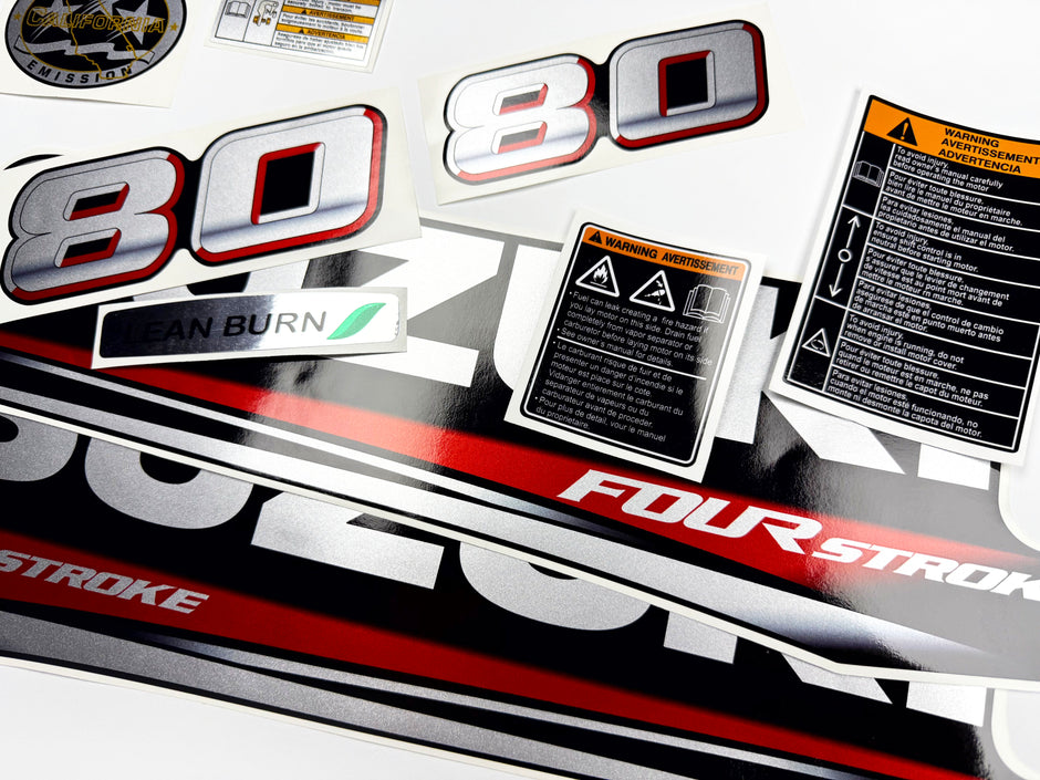 Vinyl graphic silver metalized shimmer decals set suitable for Suzuki 80 hp four stroke outboard engine. Vinyl stickers kit for suzuki 80 hp four stroke Handmade