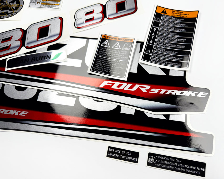 Vinyl graphic silver metalized shimmer decals set suitable for Suzuki 80 hp four stroke outboard engine. Vinyl stickers kit for suzuki 80 hp four stroke Handmade