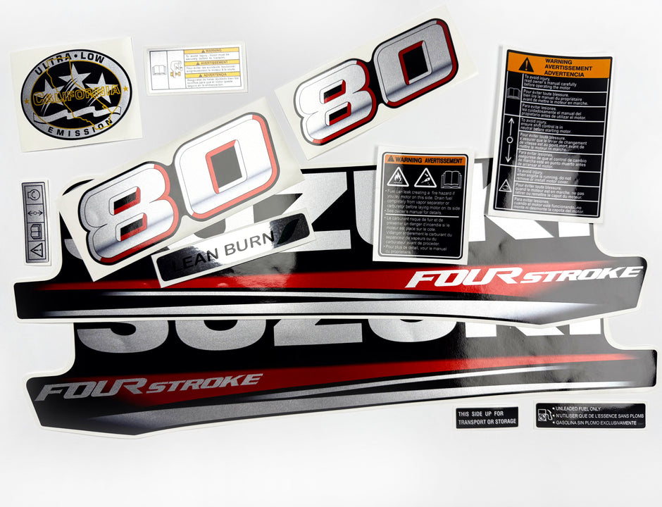 Vinyl graphic silver metalized shimmer decals set suitable for Suzuki 80 hp four stroke outboard engine. Vinyl stickers kit for suzuki 80 hp four stroke Handmade