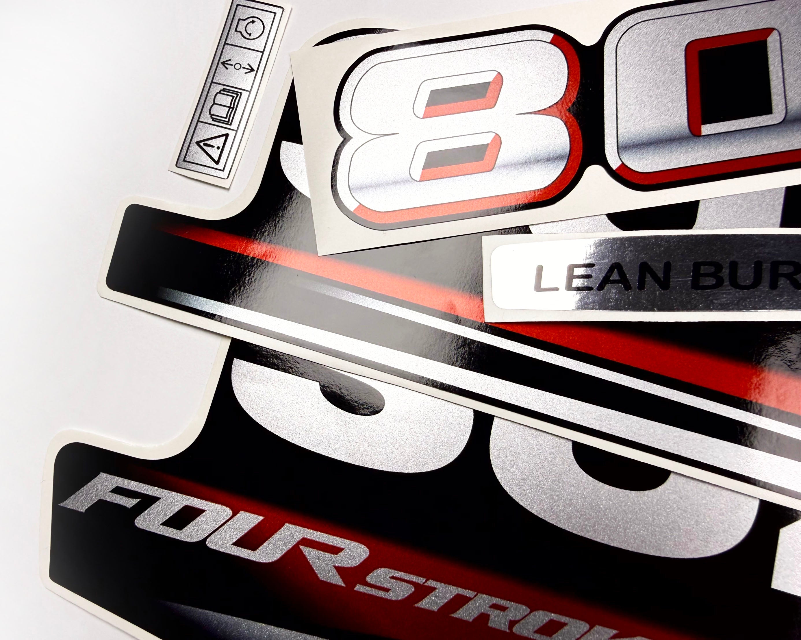 Vinyl graphic silver metalized shimmer decals set suitable for Suzuki 80 hp four stroke outboard engine. Vinyl stickers kit for suzuki 80 hp four stroke Handmade