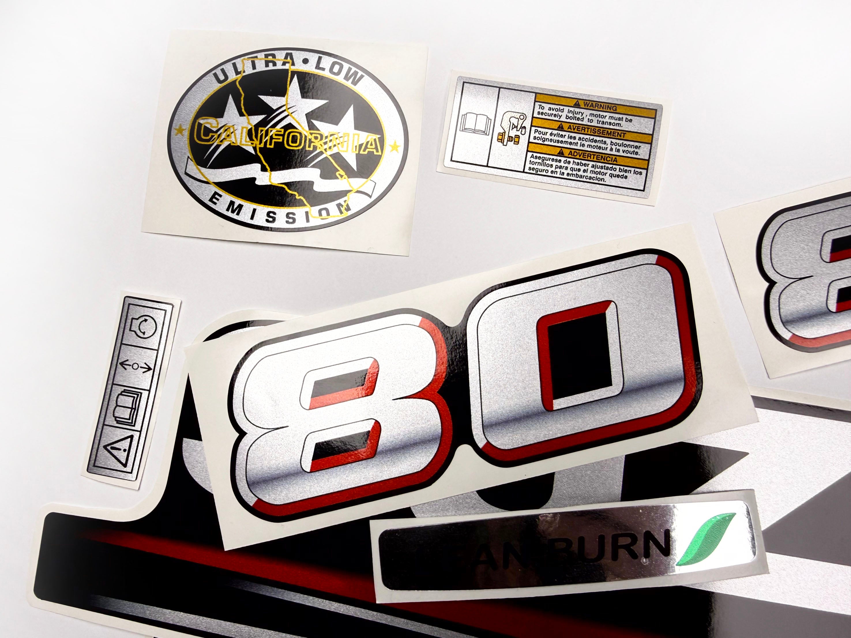 Vinyl graphic silver metalized shimmer decals set suitable for Suzuki 80 hp four stroke outboard engine. Vinyl stickers kit for suzuki 80 hp four stroke Handmade