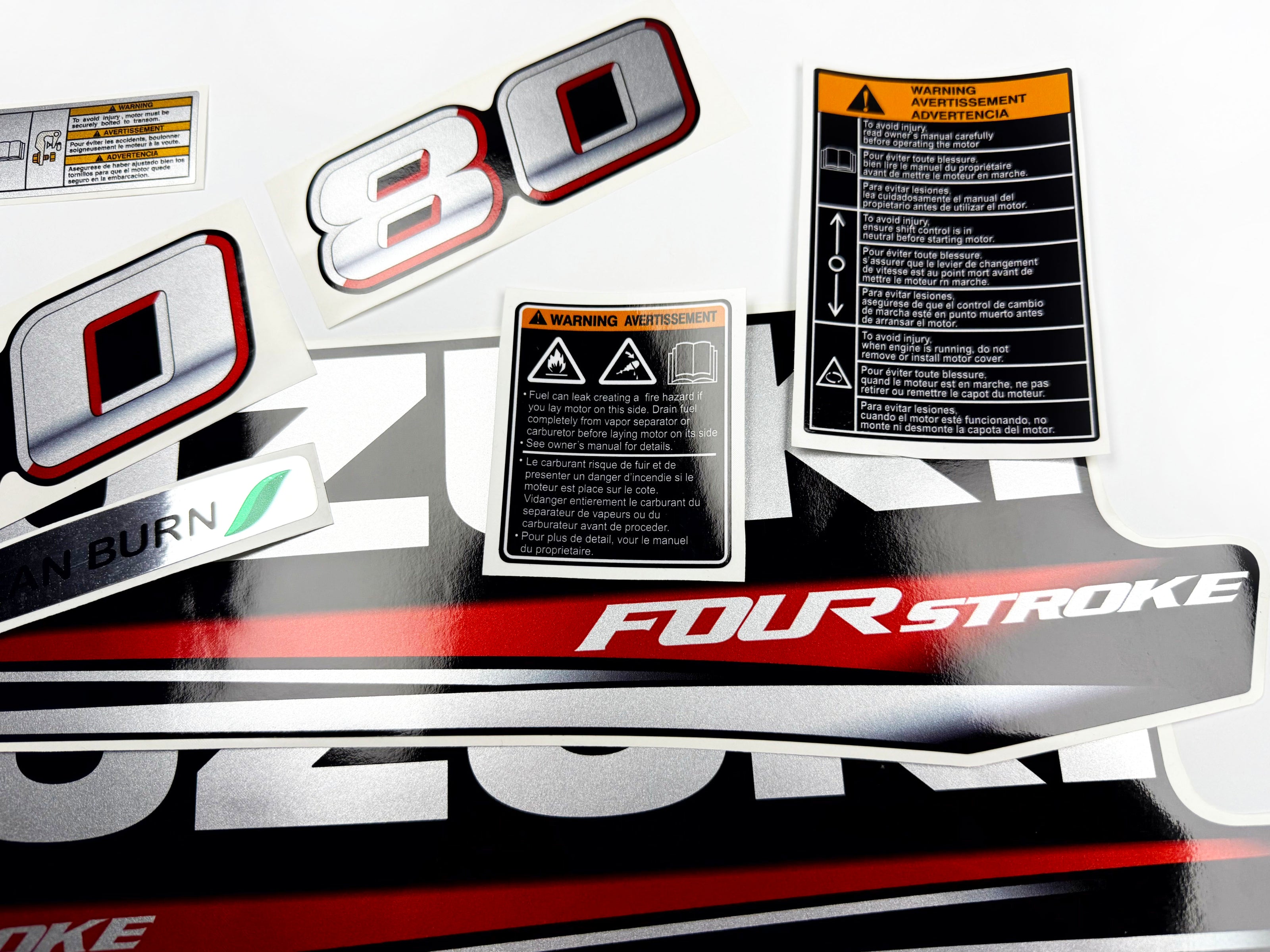 Vinyl graphic silver metalized shimmer decals set suitable for Suzuki 80 hp four stroke outboard engine. Vinyl stickers kit for suzuki 80 hp four stroke Handmade