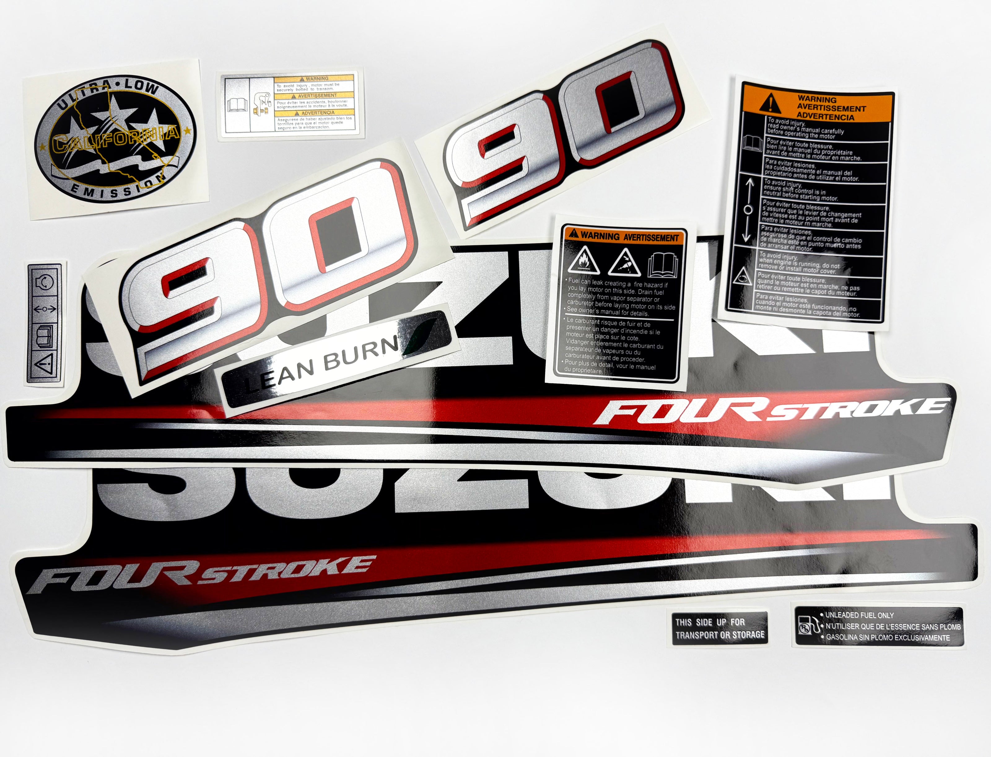 Vinyl graphic silver metalized shimmer decals set suitable for Suzuki 90 hp four stroke outboard engine. Vinyl stickers kit for suzuki 90 hp four stroke Handmade
